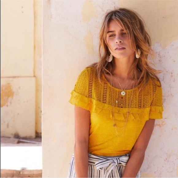 Sézane Lucette 100% Linen Blouse Saffron Yellow Lace Ruffle Top Size Small Shirt - Picture 2 of 16